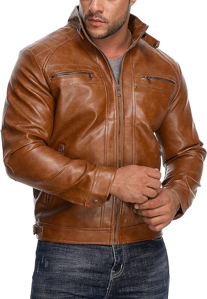 HOOD CREW Men’s Stand Collar Leather Jacket Casual Faux Leather Motorcycle Jacket Outerwear Coat with Zipper Pockets