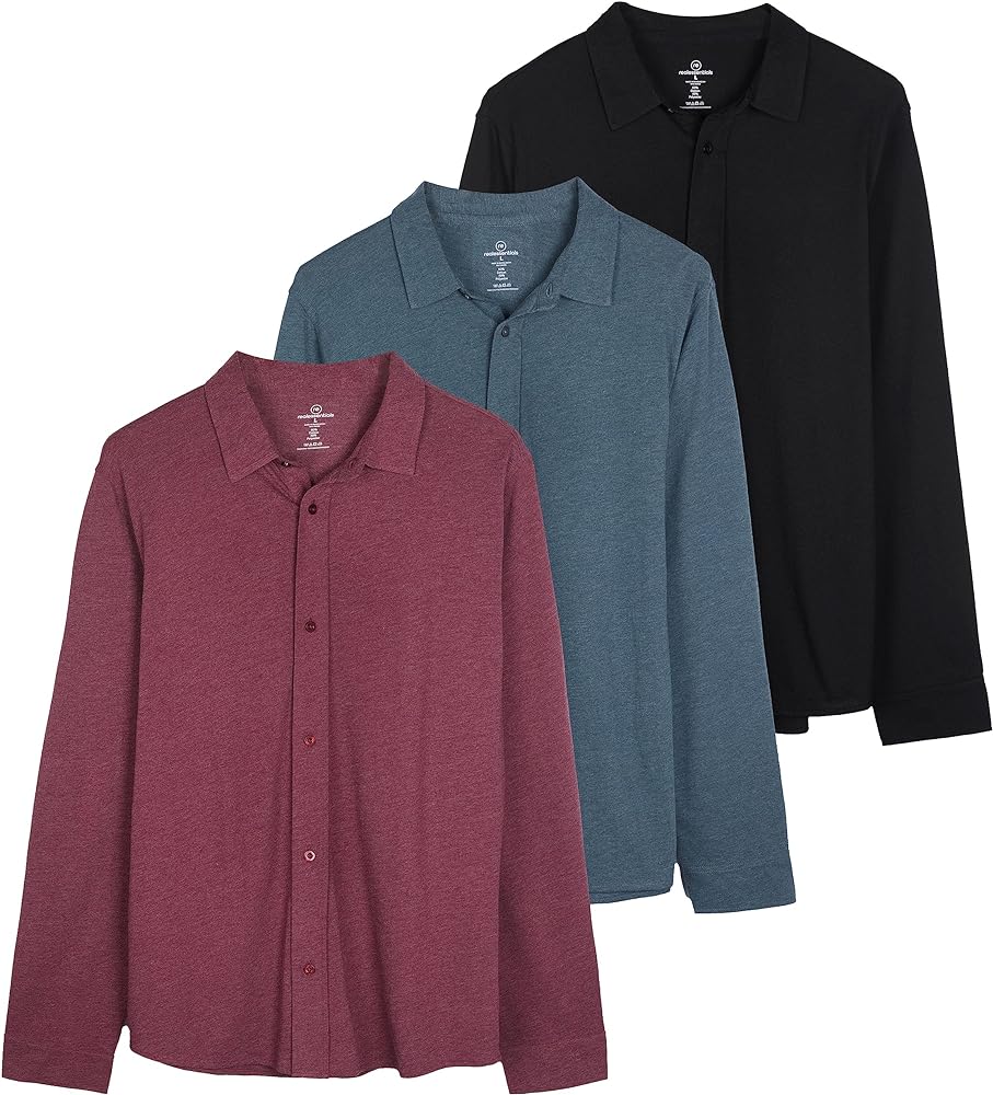 Real Essentials 3-Pack: Men's Classic Style Casual Long Sleeve Button Down Collared Shirt (Available in Big & Tall)