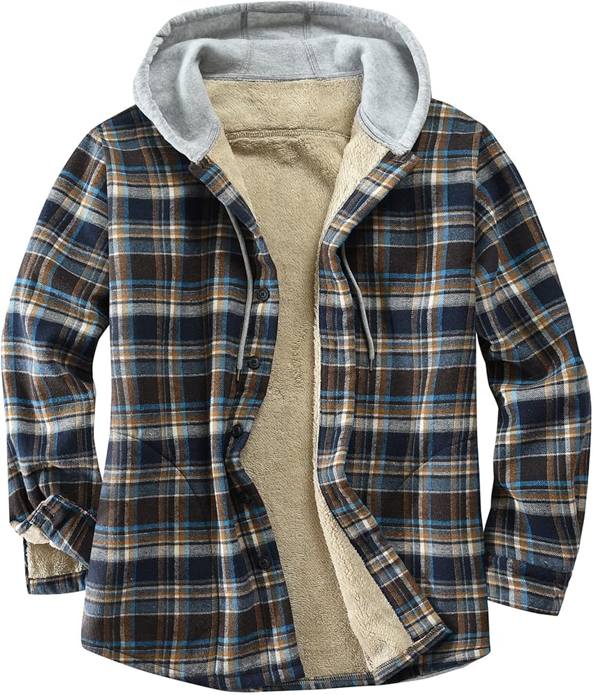 Derbars Men's Cotton Plaid Shirts Jacket Fleece Lined Flannel Shirts Sherpa Button Down Jackets with Hood for Men