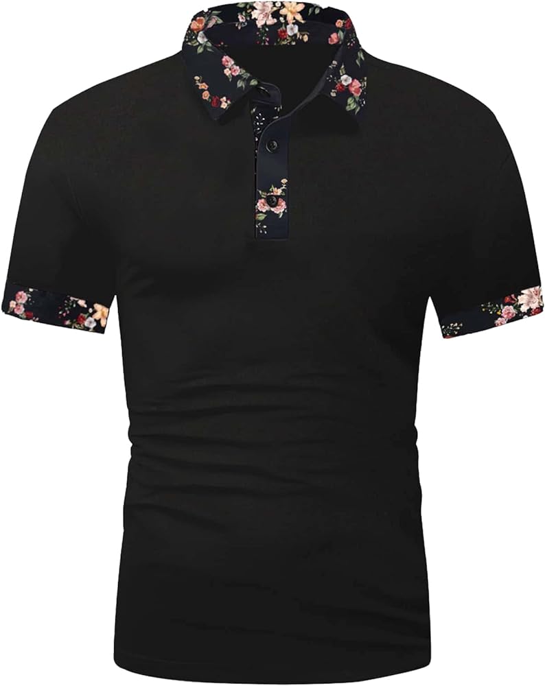 Floerns Men's Floral Collar Contrast Short Sleeve Button Front Polo Shirt