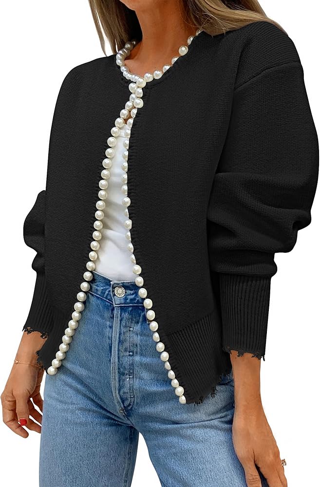 ZESICA Women's Open Front Cardigan Sweater Casual Knitted Long Sleeve Pearls Trim Outerwear Coat 2024 Trendy Clothes