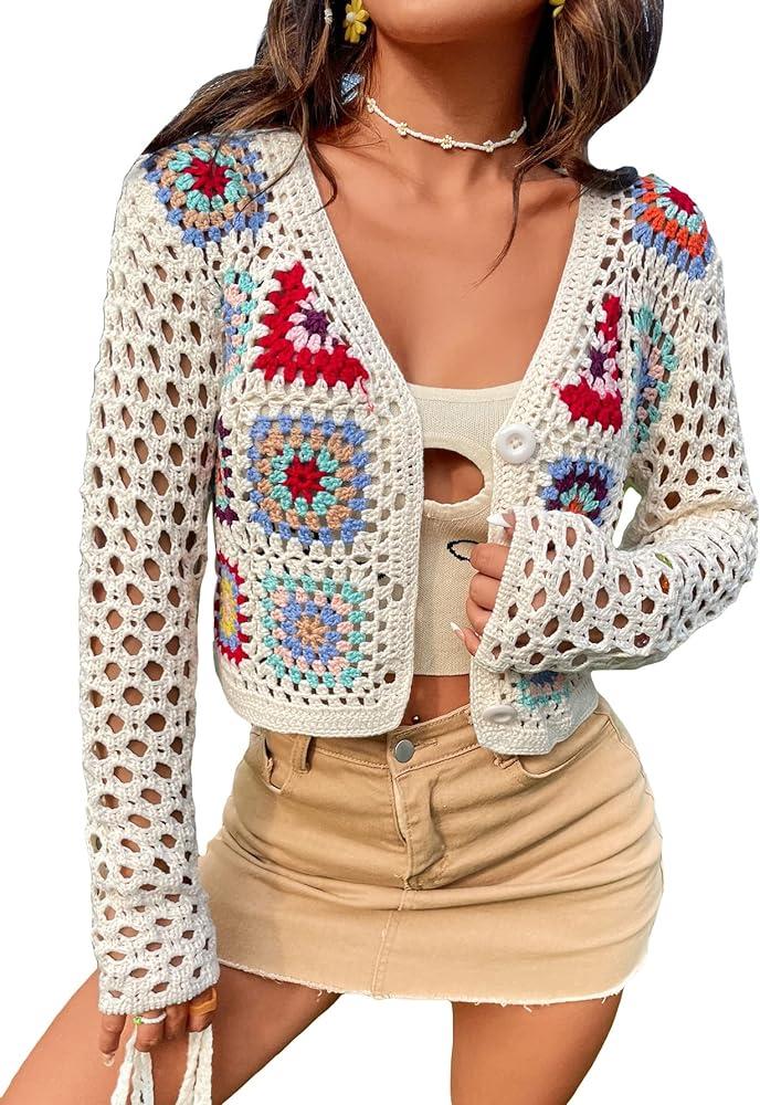 SHENHE Women's Floral Crochet V Neck Button Down Long Sleeve Cropped Cardigans