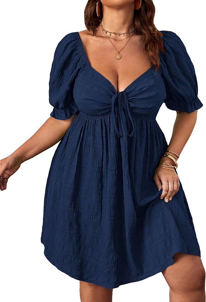 SOLY HUX Womens Plus Size Summer Dresses Sweetheart Neck Puff Short Sleeve Tie Swing A Line Midi Dress