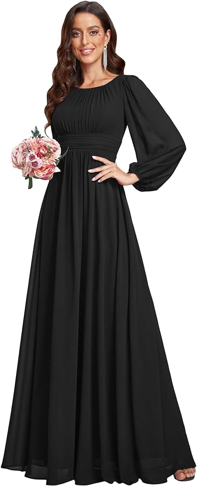 Ever-Pretty Women's Crewneck Lantern Sleeves A-Line Pleated Chiffon Maxi Formal Dress 0106B