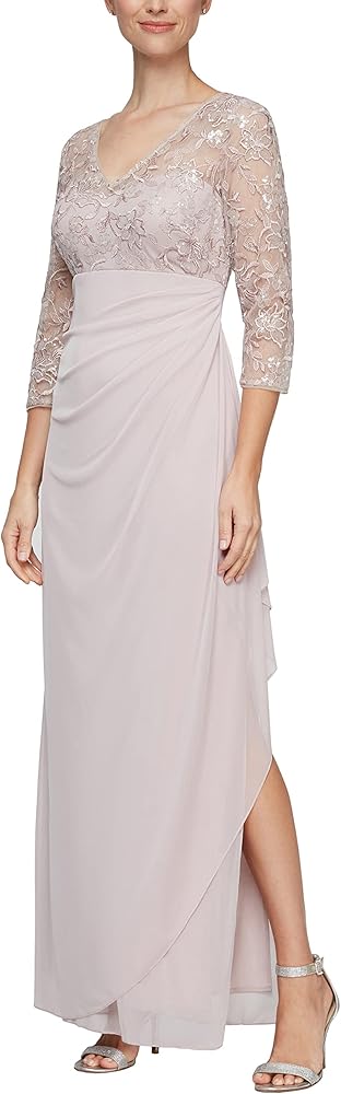 Alex Evenings Women's Petite Long Lace Top Empire Waist Dress, Faded Rose, 4P