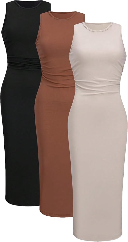 Verdusa Women's 3 Piece Ruched Sleeveless Pencil Dress Crew Neck Bodycon Tank Dress