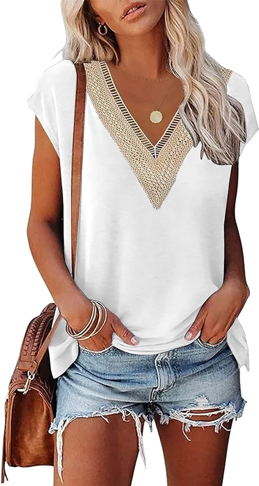 Womens Cap Sleeve Summer Tops 2024 Trendy Tank Tops Lace V Neck Loose Fit Shirts