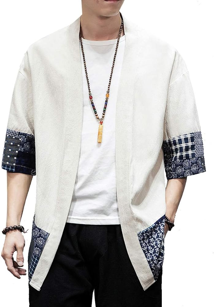 Men's Kimono Jackets Cardigan Lightweight Casual Cotton Blends Linen Seven Sleeves Open Front Coat Outwear