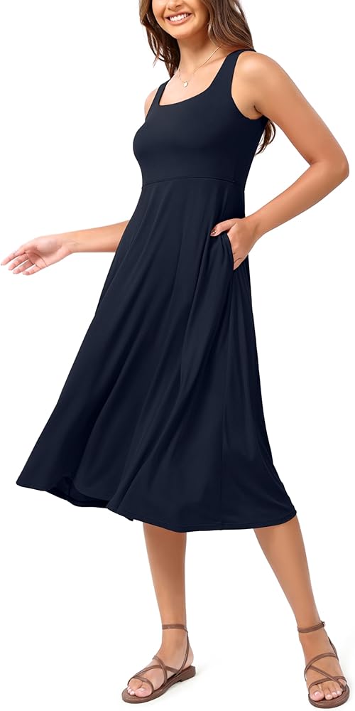 ODODOS Square Neck Midi Dress with Pockets for Women Summer Casual Sleeveless Sundress Flare Tank Dress