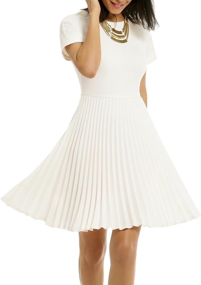 WOOSEA Women's Elegant Pleated Short Sleeves Cocktail Party Swing Dress