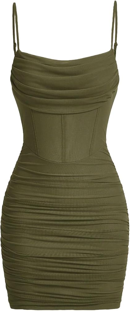 Milumia Women's Mesh Ruched Spaghetti Strap Corset Cami Dress Bodycon Mini Dresses