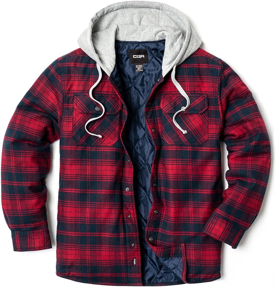 CQR Men's Quilted Lined Flannel Hooded Shirt Jacket, Soft Warm Long Sleeve Outdoor Cotton Plaid Shirt Jackets