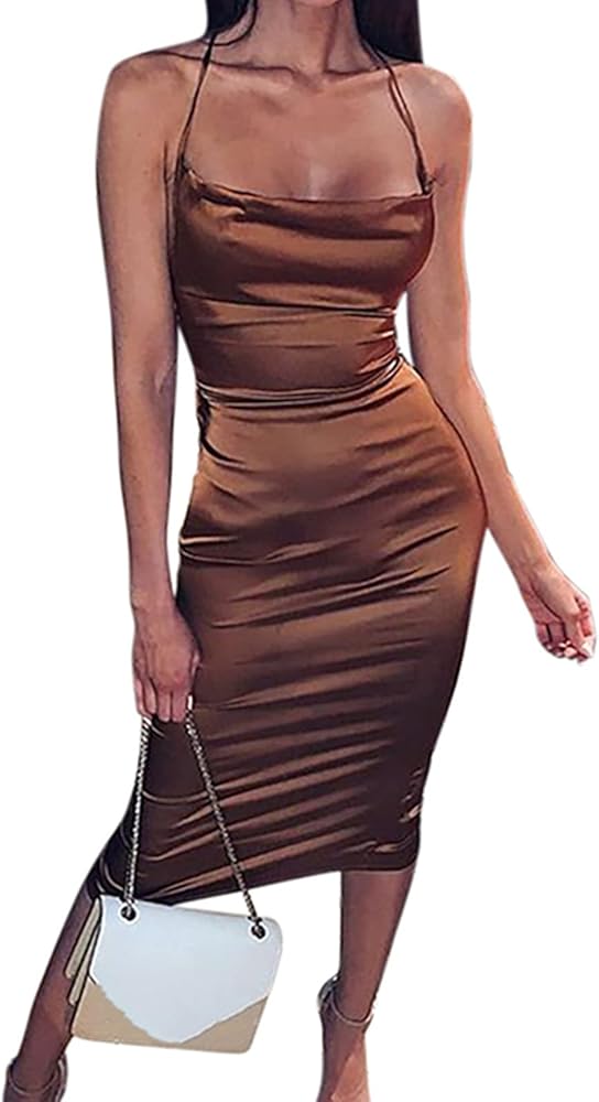 JUMISEE Women Neon Satin Sexy Bodycon Elegant Backless Long Midi Dress for Cocktail Party Clubwear