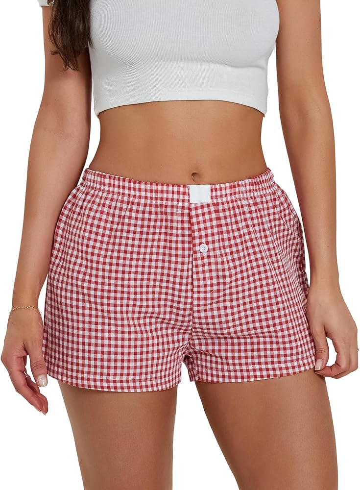 Y2k Plaid Shorts for Women Casual Elastic Waist Aesthetic Lounge Bottom Baggy Pajama Shorts Boxers Sleepwear