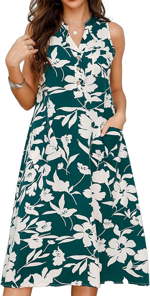 Women's Casual Summer Dresses V-neck Sleeveless Button Down Midi Dress with 3-Pockets