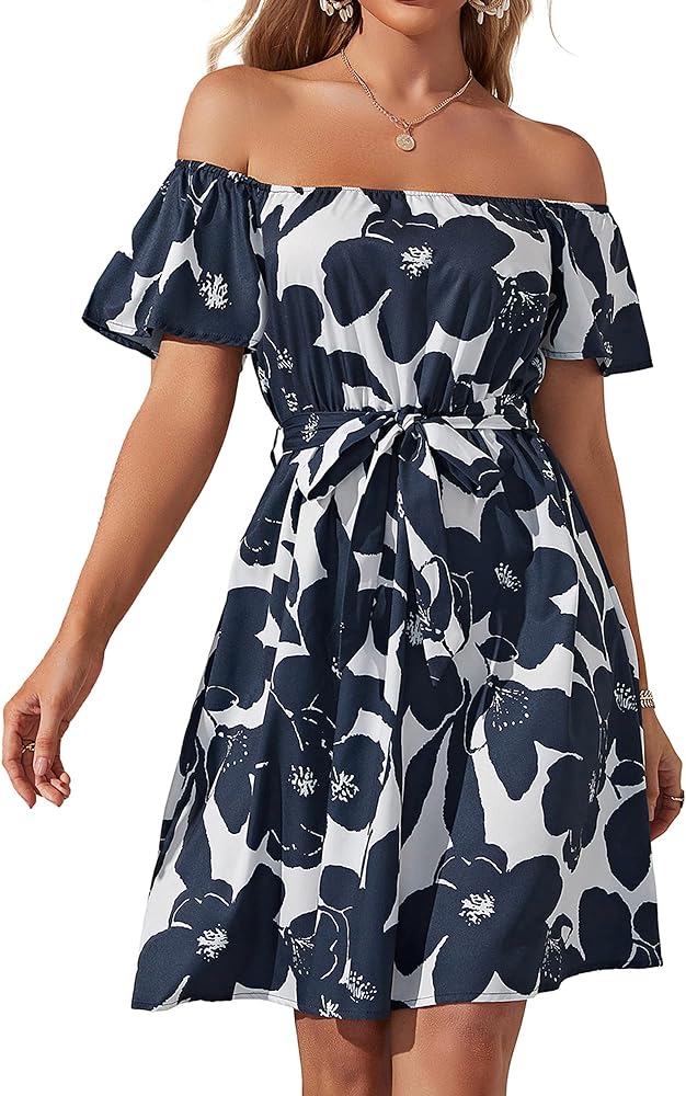 Womens Off Shoulder Ruffle Floral Summer Wedding Guest Dresses A Line Shift Short Skater Dress with Belt