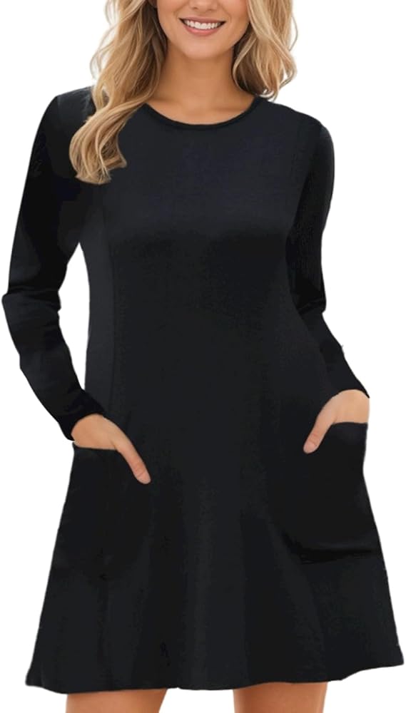 VIMPUNEC Fall Casual Dress Women Knit Long Sleeve Mini A Line Flowy Winter Dresses with Pockets