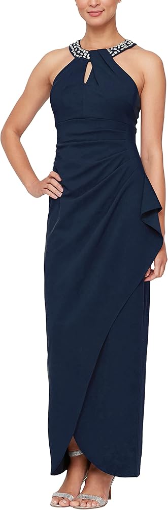 S.L. Fashions Women's Long Cocktail Dress with Embellished Halter Neckline, Wedding Guest, Party (Petite and Regular Sizes)