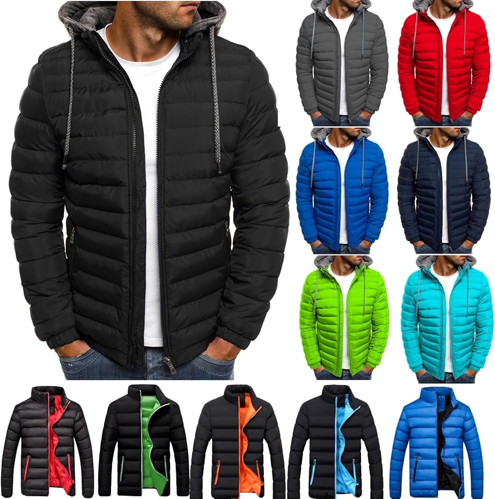 Mens Puffer Jacket with Hood Lightweight Down Jacket Full Zip Up Hoodie Jacket Plus Size Winter Coat Warm Outwear