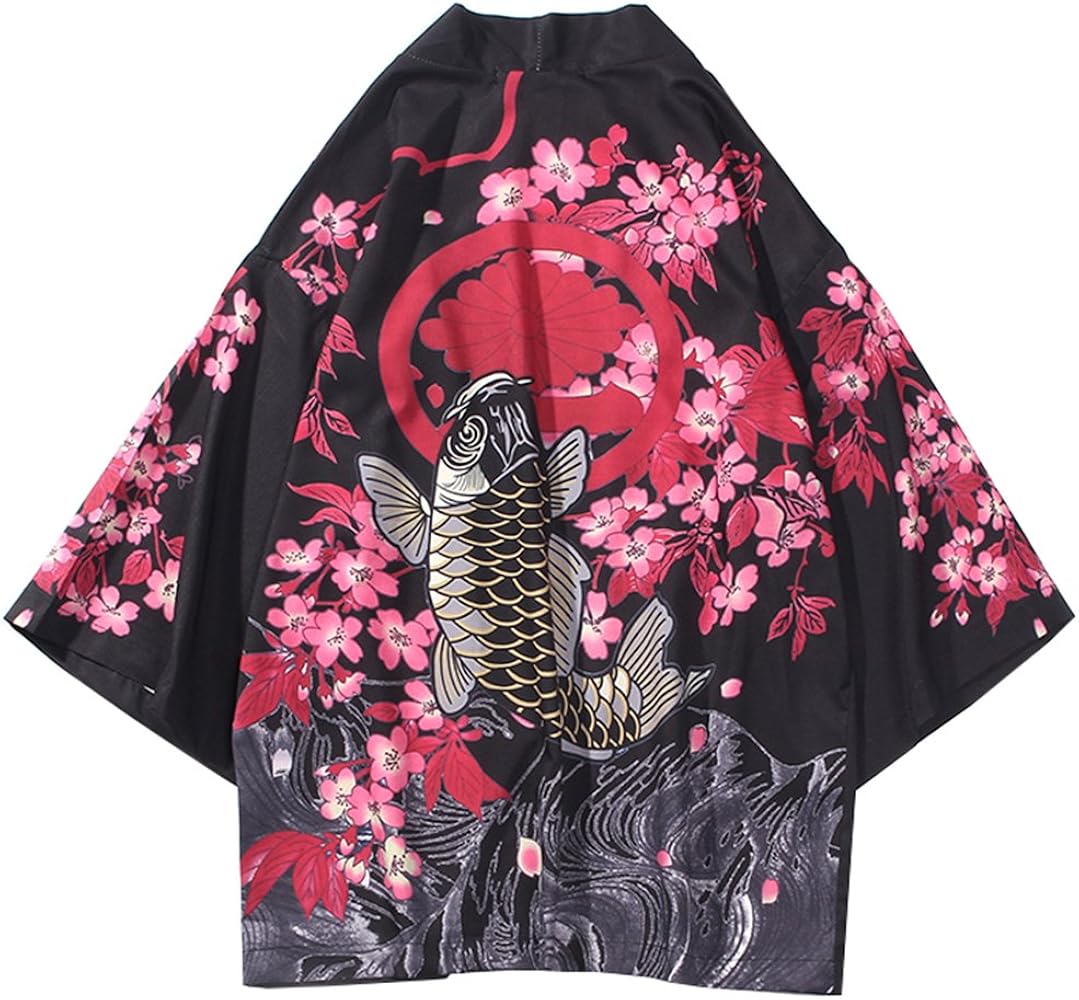 LifeHe Men's Kimono Japanese Floral Printed Kimono Cardigan Jackets Streetwear