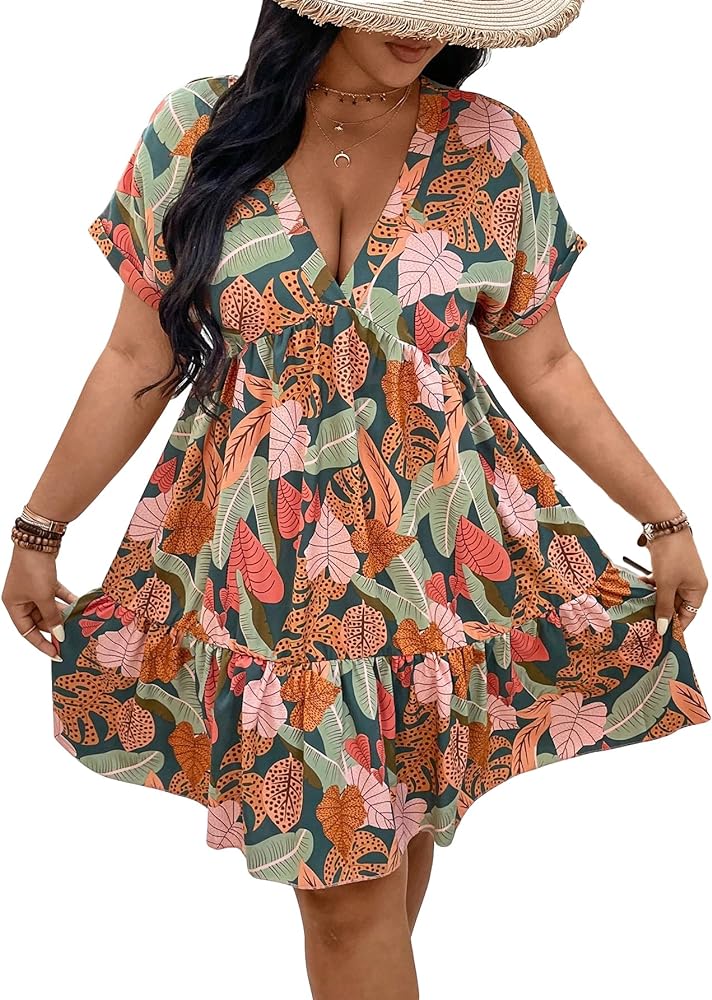 Floerns Women's Plus Size Wrap V Neck Short Sleeve Ruffle Hem A Line Short Dress