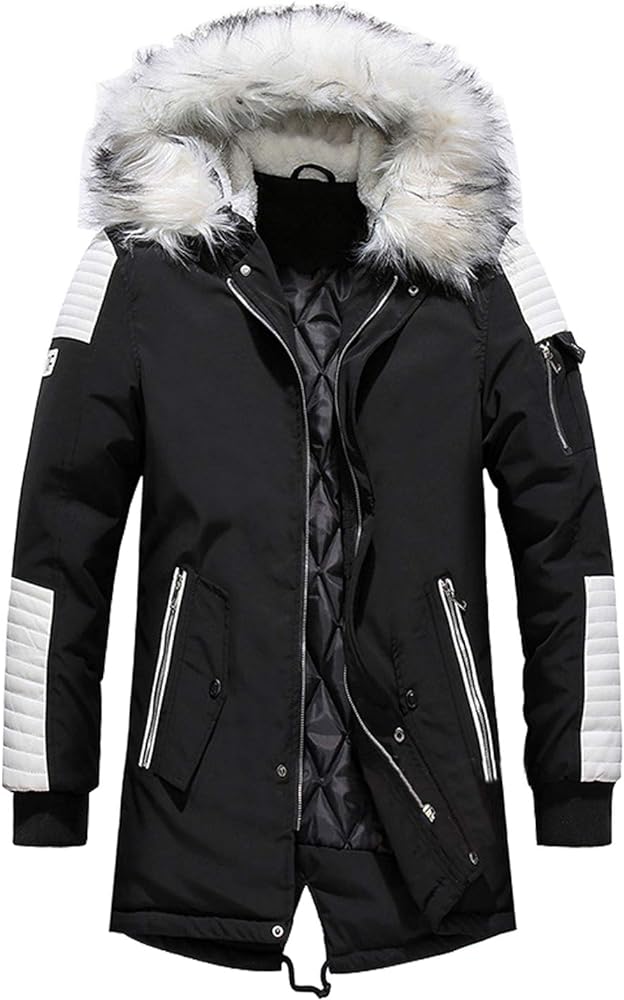 chouyatou Men's Winter Warm Faux Leather Spliced Padded Long Down Alternative Parka Coat Fur Hood