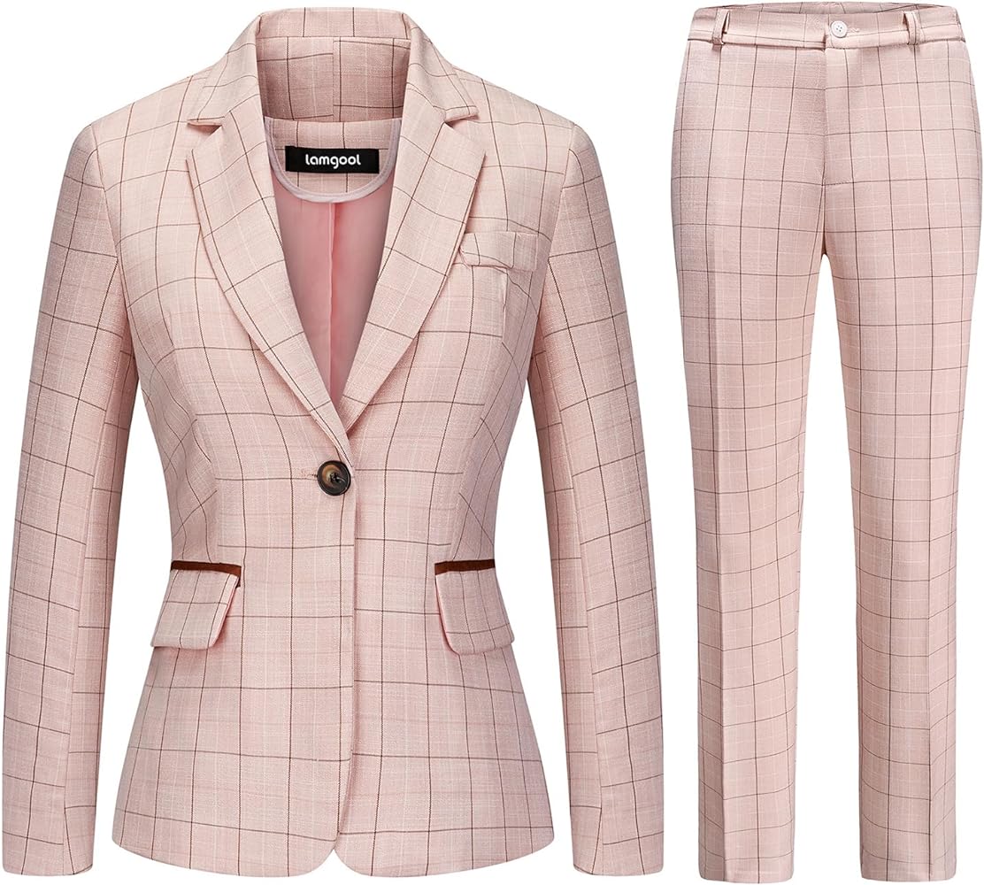 Lamgool Women's 2 Piece Plaid Suit Lady's Business One Button Lined Blazer Jacket Pant Set