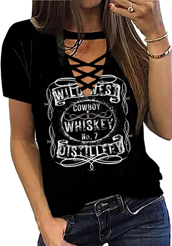 Cowboy Whiskey Criss-Cross Hollow Out T-Shirt Women Western Country Music Shirt Vintage Cowgril Short Sleeve Tops