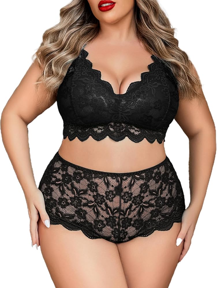 Avidlove Plus Size Lingerie Set for Women Sexy Lace Halter Bralette High Waist Panty Set