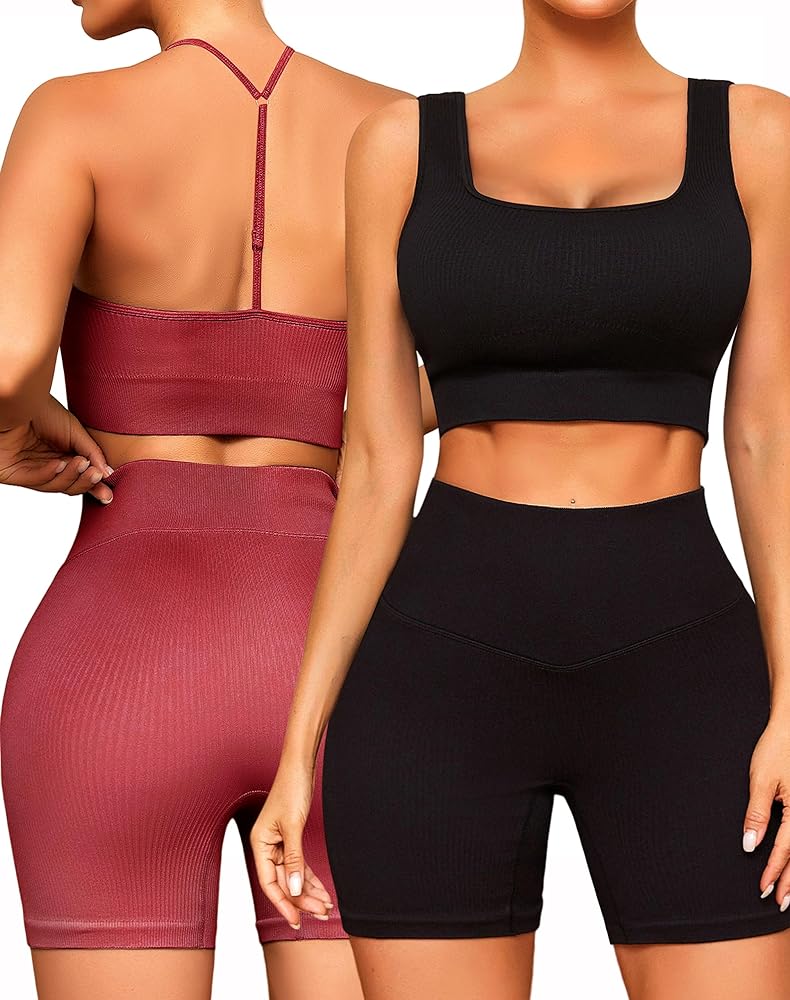 FINETOO Workout Outfits Sets for Women 4 piece Seamless Backless Tank Sport Bra High Waist Short Yoga Gym Matching Active Set