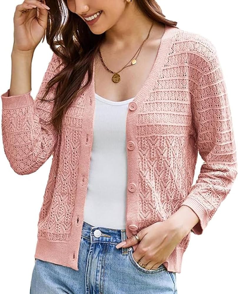 GRACE KARIN 2024 Women's 3/4 Sleeve Crochet Knit Button Down Cardigan Cropped Shrug Bolero Lightweight Sweaters Tops