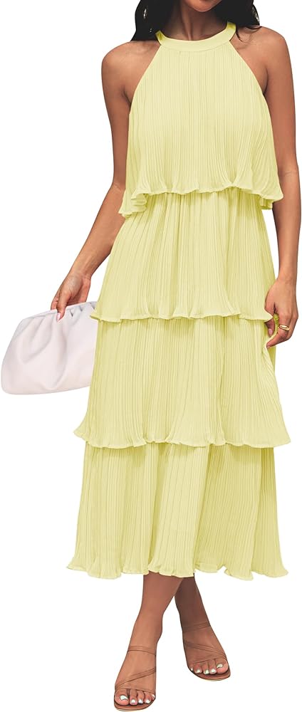 ZESICA Women's 2024 Summer Sleeveless Halter Neck Ruffle Tiered Layed Chiffon Flowy Swing Long Midi Dress