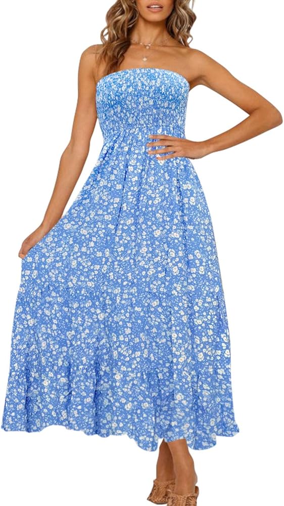 ZESICA Women's 2024 Summer Bohemian Floral Printed Strapless Beach Party Long Maxi Dress