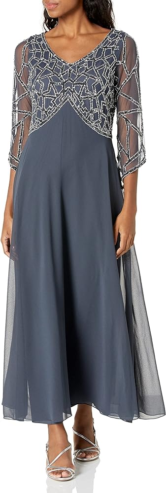 J Kara Women's Petite 3/4 Sleeve Geo Beaded Gown