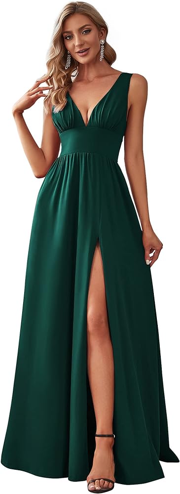 Ever-Pretty Women's Bridesmaid Dresses Deep V-Neck Sleeveless Side Slit Floor Length Wedding Guest Dress 0168B