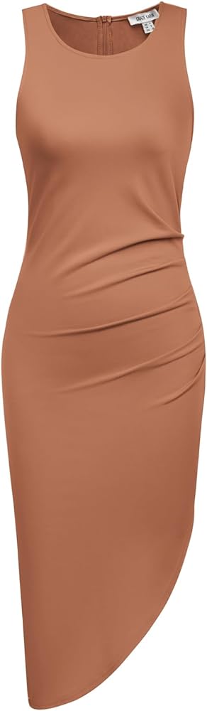 Ladies Tight Fit Dress No Sleeve Folds Irregularly Vacation Tank Midi Dress Pinkish-Orange 14