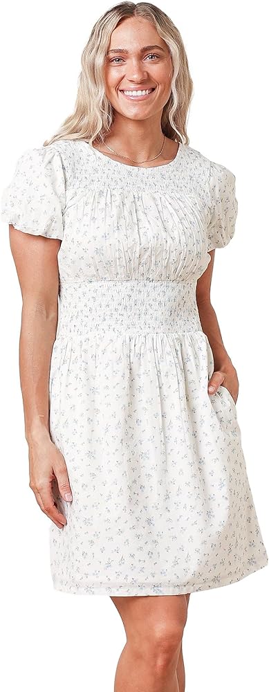 Hope & Henry Women's Organic Cotton Bubble Sleeve Smocked Bodice Dress