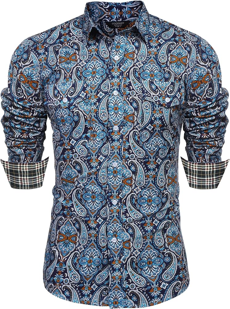 COOFANDY Mens Paisley Printed Shirts Casual Long Sleeve Button Down Shirts Floral Dress Shirt with Pockets