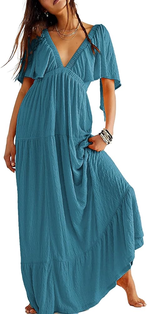 Summer Dresses for Women 2024 Sexy V-Neck Maxi Dress Tiered Silhouette with Flutter Sleeves Backless Flowy Dress