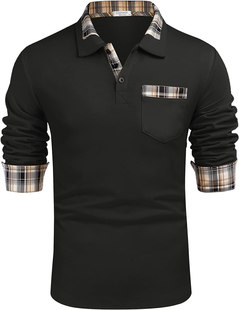 COOFANDY Men's Casual Polo Shirt Long Sleeve Classic Plaid Button Tees with Pockets