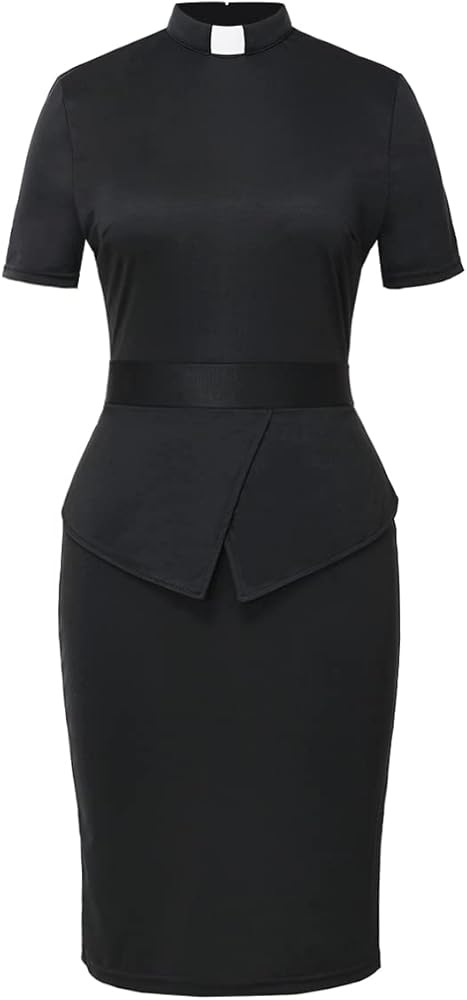 BLESSUME Church Women Clergy Tab Collar Dress Black Mass Bodycon Pencil Dress Short Sleeve