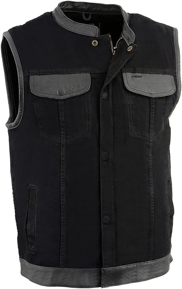 Milwaukee Leather MDM3010 Men's Black Denim Club Style Biker Vest with Leather Trim and Hidden Zipper