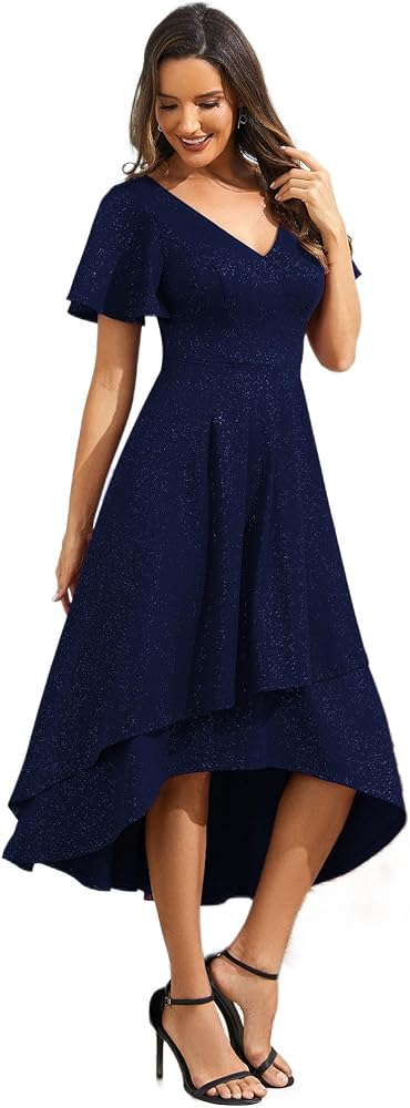 Ever-Pretty Women's Summer Dress V Neck Backless Short Sleeves High Low Glitter Midi Semi Formal Dresses 71926