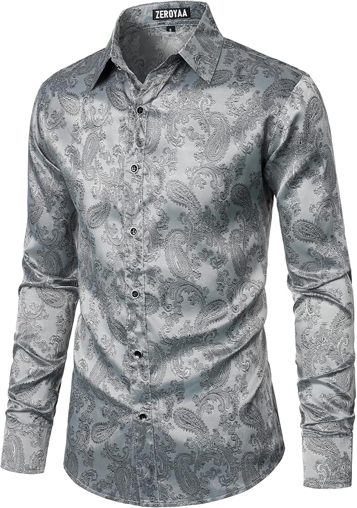 ZEROYAA Men's Paisley Jacquard Slim Fit Long Sleeve Button Up Dress Shirt for Party Prom