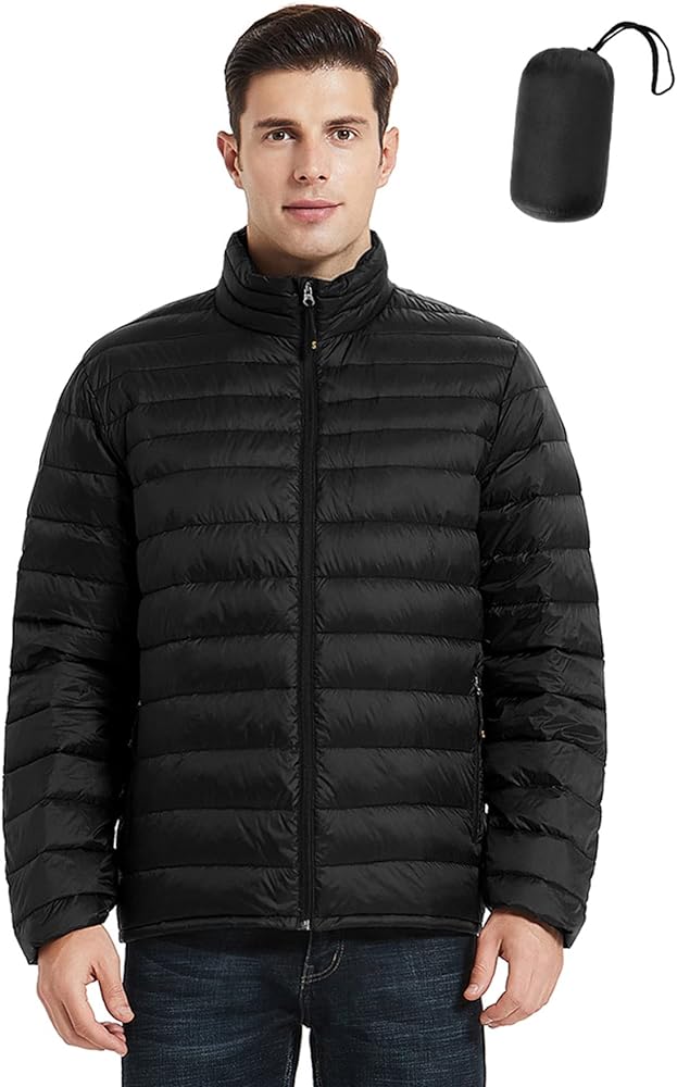 SLOW DOWN Men Lightweight Down Puffer Jakcet, Packable Winter Puffy Down Jacket with 2 Packing Bag