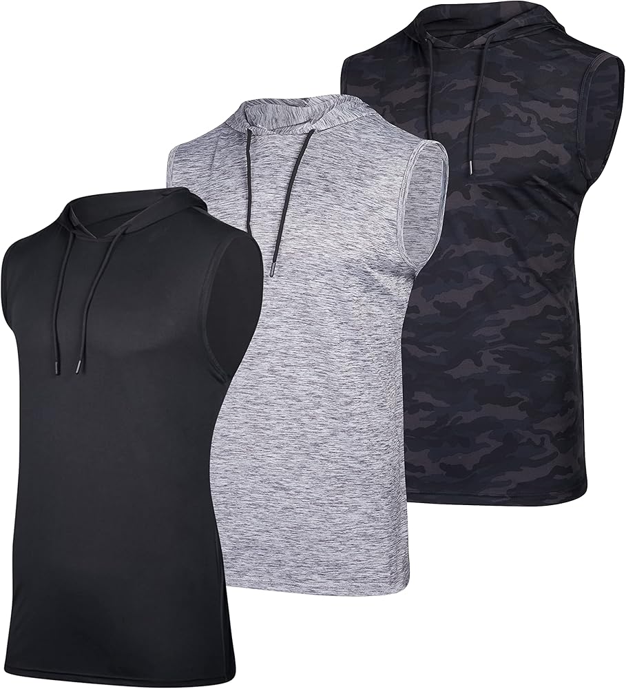 Real Essentials 3 Pack: Mens Dry-Fit Active Hooded Tank Top - Workout Sleeveless Hoodie Drawstring (Available in Big & Tall)