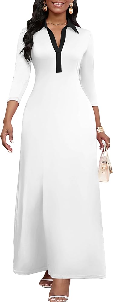 FANDEE Maxi Dress for Women V Neck Long Dresses 3/4 Sleeve Semi Formal Church Wedding Guest Dress