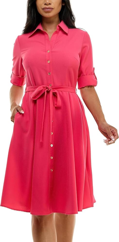 Sharagano Women's Button Front Pleated Shirt Casual Dress, Monticello Rose, 18W