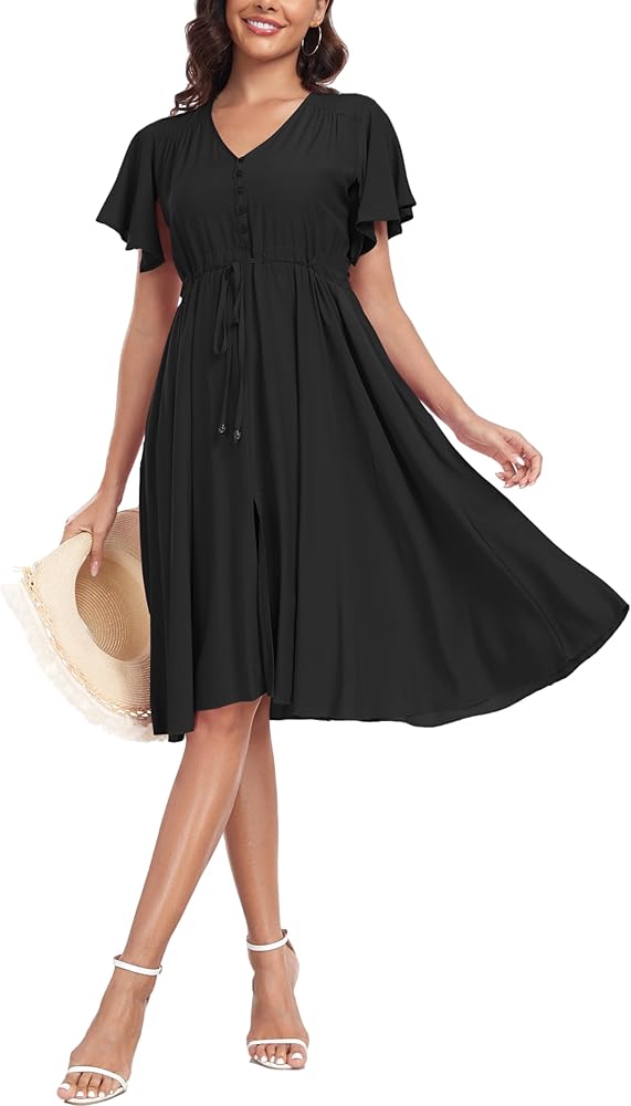 Woman's Casual Dress Pockets Ruffle Short Sleeve Dress Button Drawstring Dress