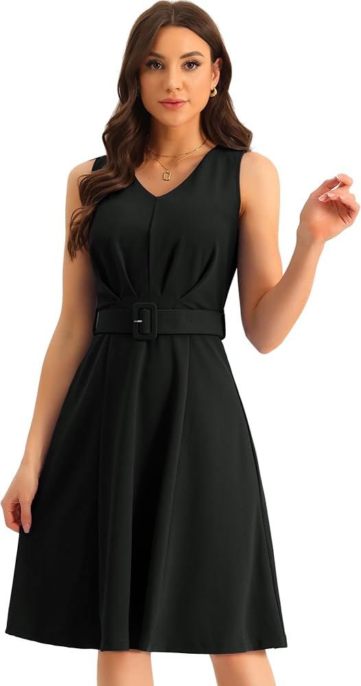 Allegra K Work Dresses for Women's Summer Sleeveless V-Neck Belted A-Line below Knee Length Dress